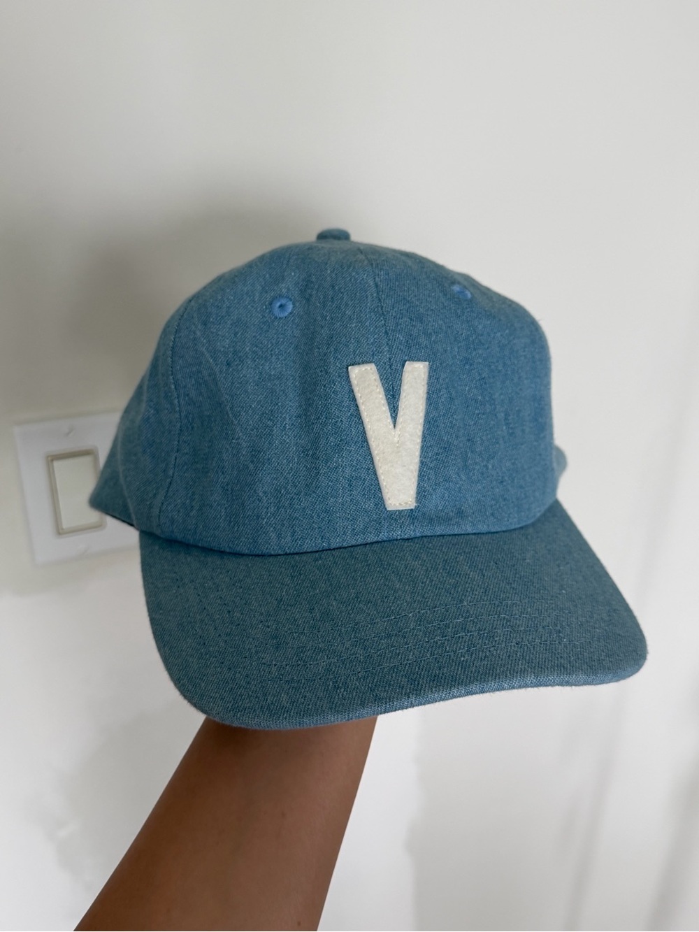 Blue Denim Cap with White 'V' Patch